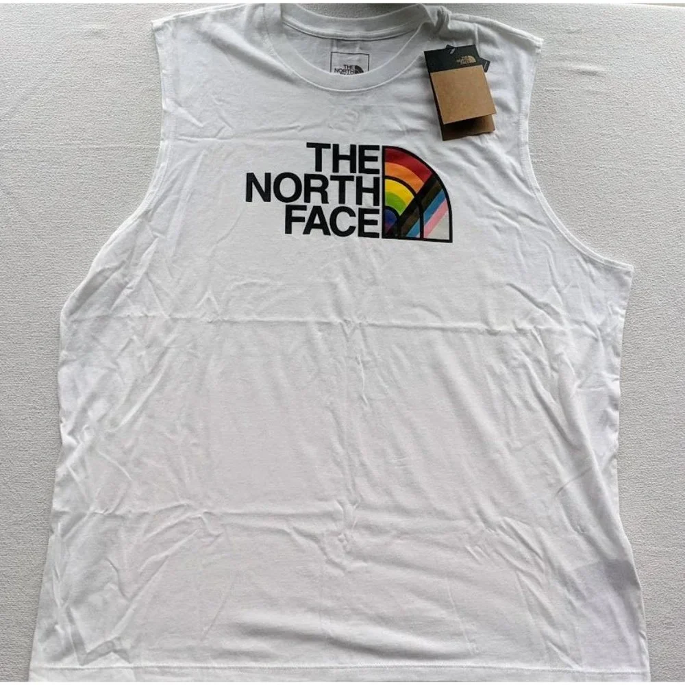 Mens The North Face Pride Cut Off Tank Top Size XL White Rainbow LGBTQ+ Logo NEW - Picture 3 of 3
